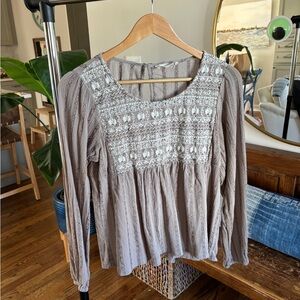 Lucky Brand Embroidered Taupe Blouse